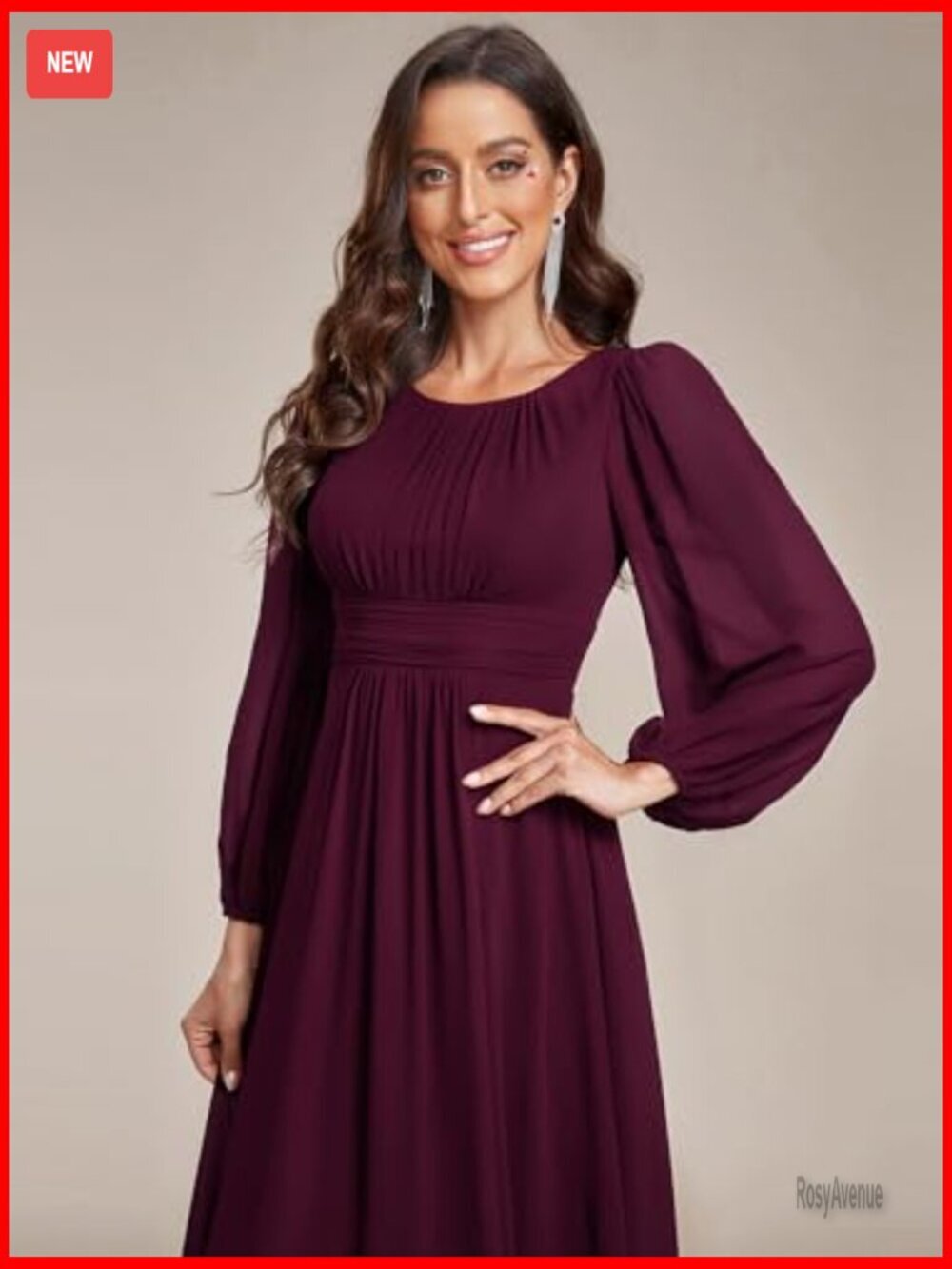 Floor Length Formal Dress Long Sleeve Chiffon A-Line Pleated Evening Gown - Picture 5 of 7